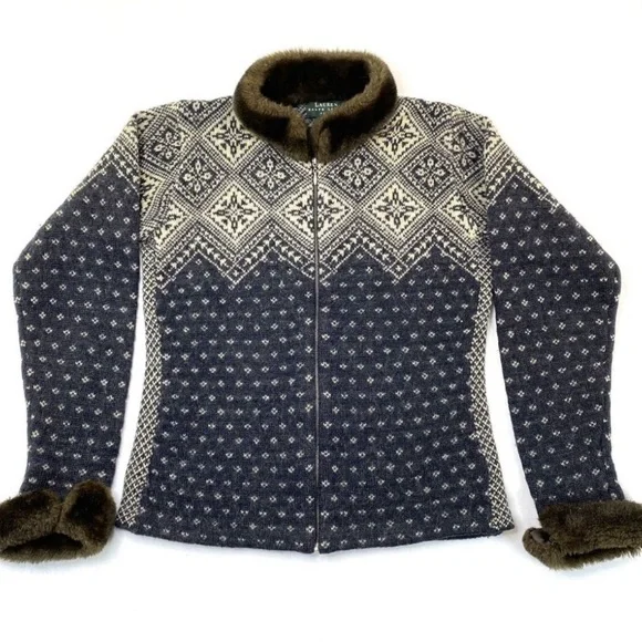 Ralph Lauren Navy and Cream Fair Isle Zip Jacket with Faux Fur Trim - Picture 2 of 16